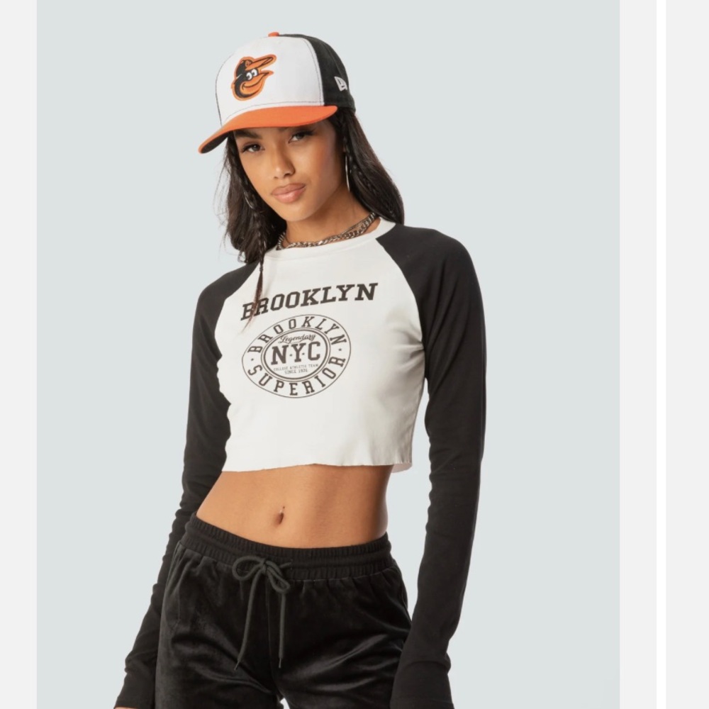 Edikted Brooklyn Babe T-Shirt, Size Small, Black and White Long Sleeve.